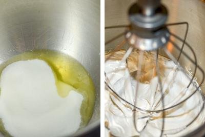 2 photos side by side one photo of egg whites and sugar in a bowl and the other photo of the 2 whisked together