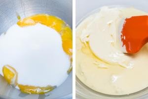 Eggs with sugar in one bowl, another bowl with whisked ingredients