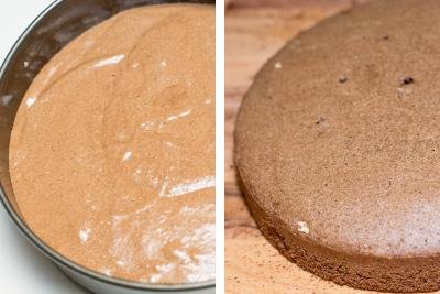 Chocolate dough in a baking pan, baked chocolate sponge cake