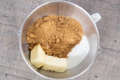 Sugar, Brown sugar and butter in a mixing bowl