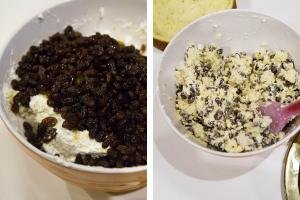 2 photos side by side one photo with drunken raisins added to the cream in the bowl and the other photo with it all mixed together in the bowl with a spatula
