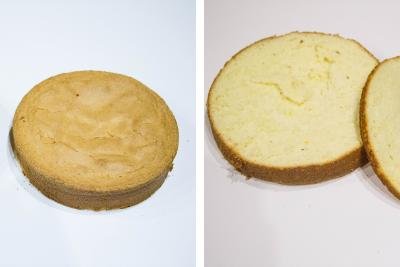 2 photos side by side one with a cake layer and the other with the cake layer cut in half horizontally