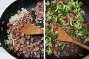 Skillet with sausage, onion and broccoli