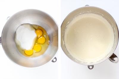 Two bowls, one with eggs and another one with whisked ingredients