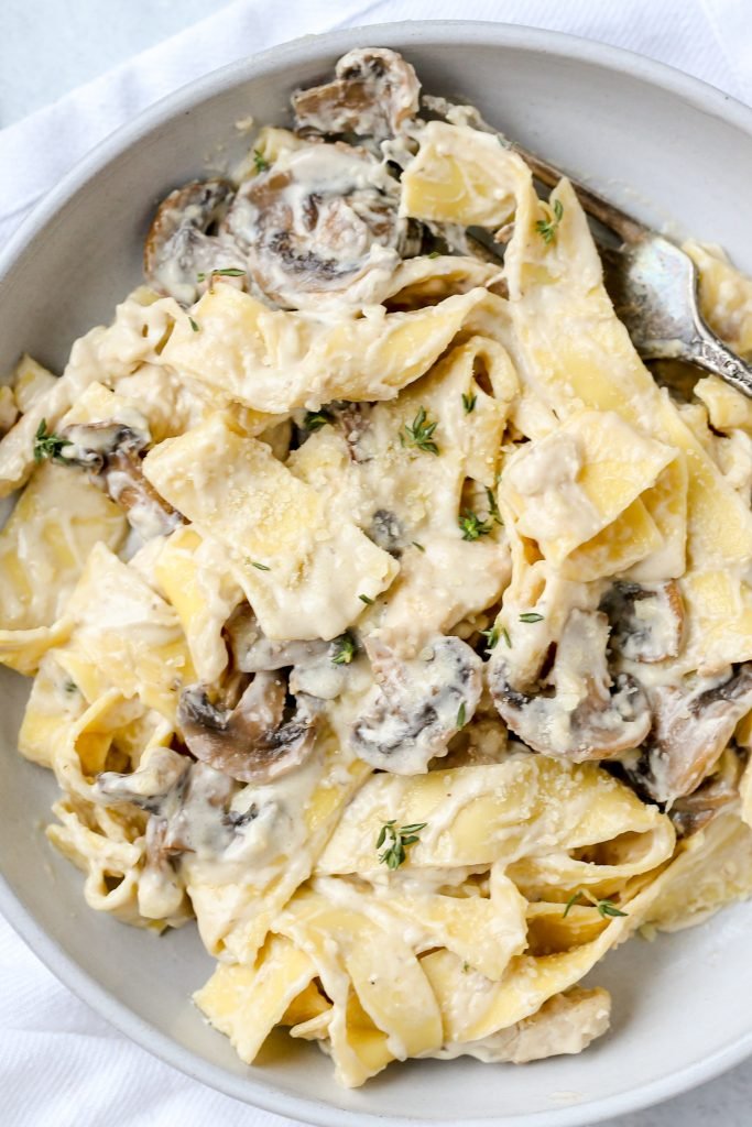 Mushroom Fettuccine Alfredo in a plate 