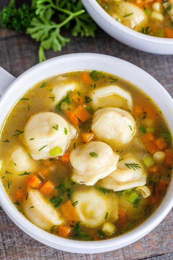 Pelmeni soup in a bowl