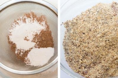 Flour and cacao sifted in one bowl, another bowl with hazelnuts