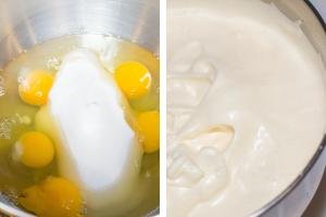 2 photos side by side one with sugar and eggs and one with eh 2 whisked together