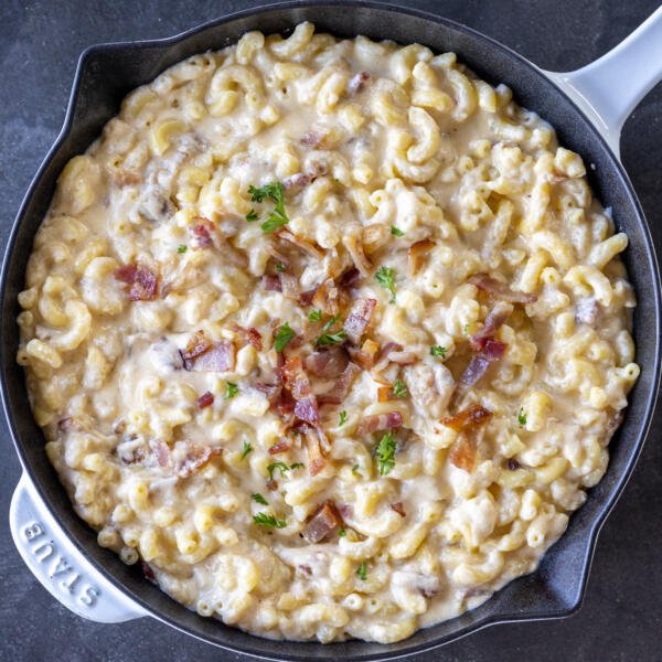 Smoky Bacon Macaroni and Cheese in a pan.