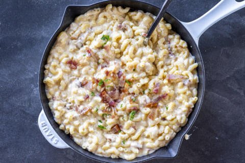 Smoky Bacon Macaroni and Cheese in a pan.