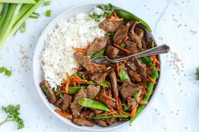 Beef Stir Fry in a dish with rice