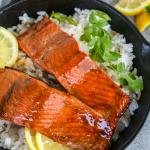 Brown Sugar Glazed Salmon in a skillet with rice