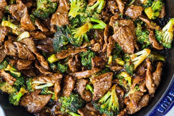 Beef and Broccoli in a cooking pan