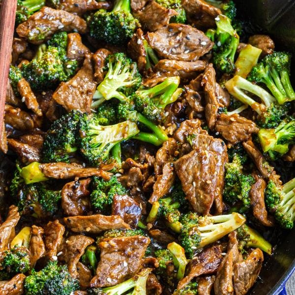 Beef and Broccoli in a cooking pan