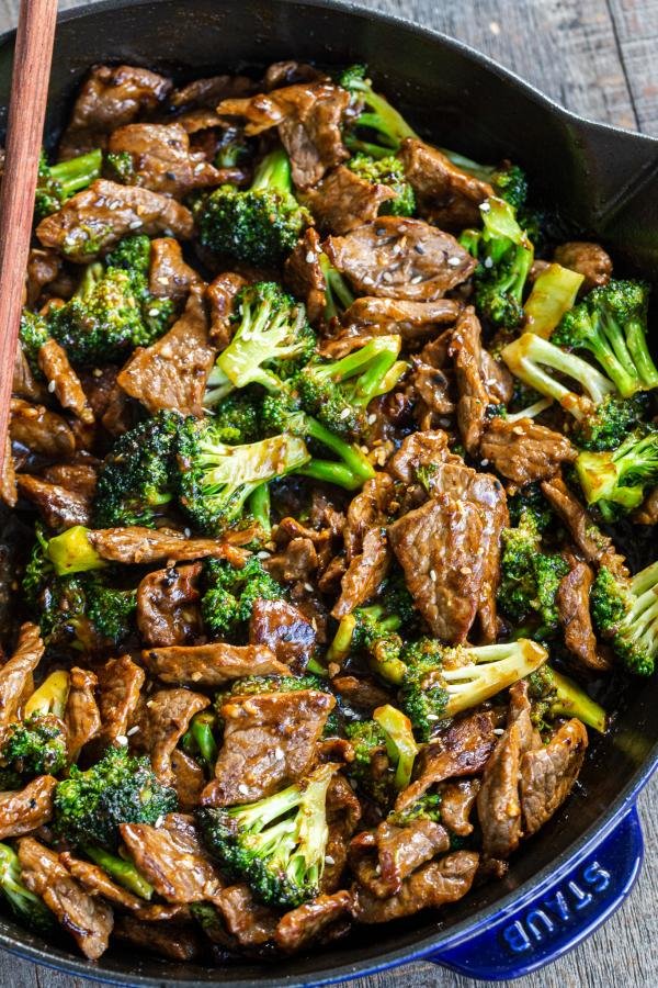 Beef and Broccoli in a cooking pan