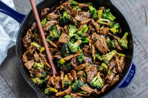 Beef and Broccoli in a cooking pan