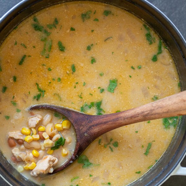 chili in a pot with spoon