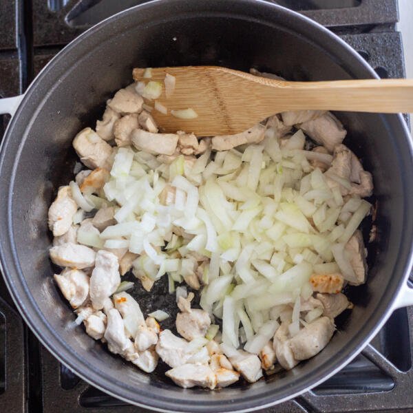 chicken in a pot with onions