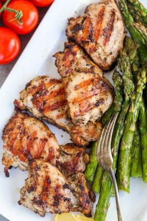 Grilled chicken on a plate with asparagus