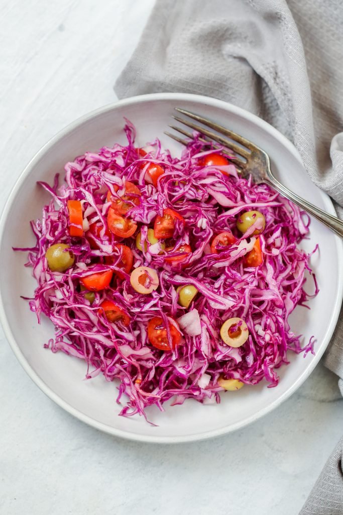 Purple cabbage salad in a bowl