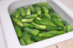 A sink full of cucumbers being rinsed