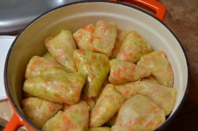 Cabbage Rolls packed tightly in a ceramic pot