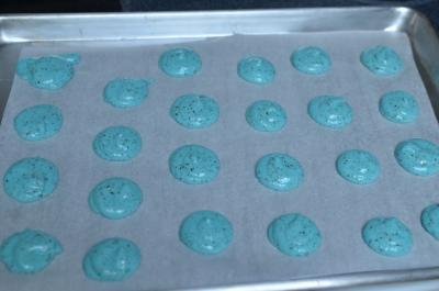 Baking sheet lined with parchment paper with equal sized circles piped onto it