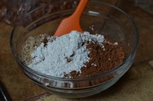 Blended hazelnuts, cocoa powder and powdered sugar in a bowl