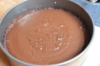 Mixture poured onto cooked tart crust that is in the circular cake baking sheet