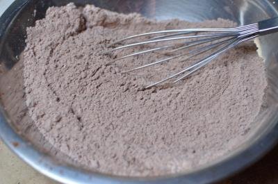 Flour and cocoa in a bowl mixed together