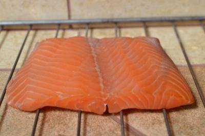Salmon sitting on a oven rack on table