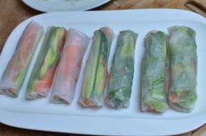 Spring Rolls With Salmon in a row on a plate