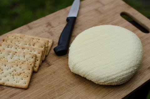 Homemade Cheese on a cutting board with a knife next to it and crackers