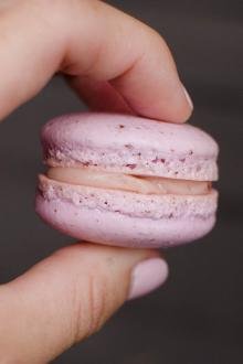 Pink macaron being held by someone's hand