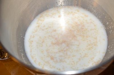 Milk, sugar and yeast mixed together in a bowl