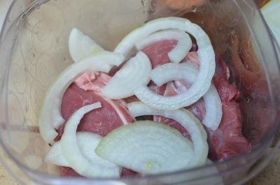Lamb meat and half circle onions in a bowl