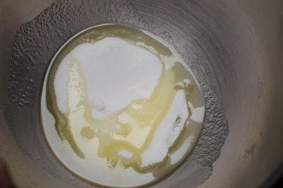 Mixing bowl with eggs and sugar
