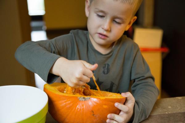 A child pulling out pumpkin seeds using his hands