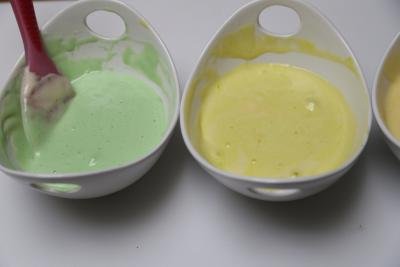 Food coloring folded into the dough: one is green other is yellow