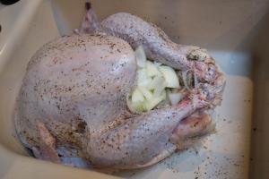 Turkey seasoned and stuffed with onions in a basin