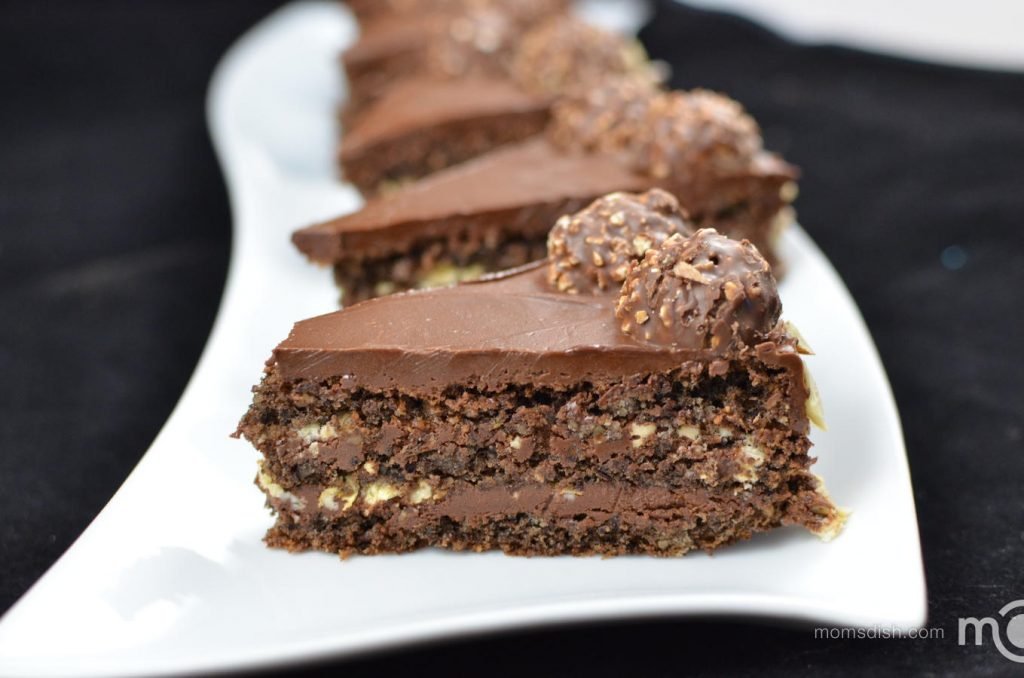 Ferrero Rocher Cake slices in a row on a long plate