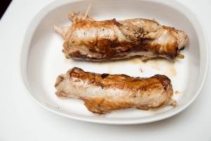 Mushroom Pork Roulade fried on all sides and placed into a ceramic baking dish
