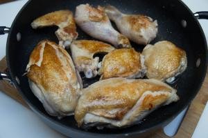 Seasoned chicken being browned on a skillet