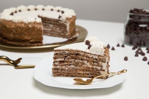 Chocolate-honey Layer Cake slice on a plate