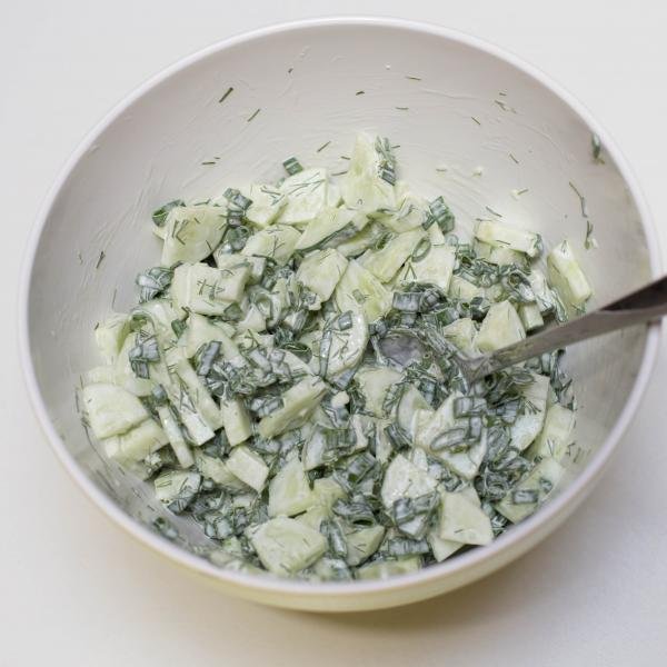 Creamy Cucumber Salad in a large mixing bowl