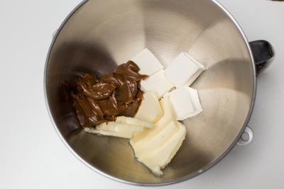 Cream cheese, butter and dulce de leche in a mixing bowl