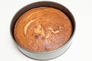 Chocolate Nutella Banana Cake sponge in a baking pan
