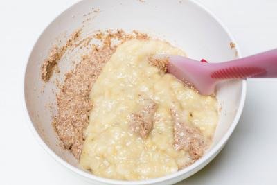 Mashed bananas added to the dry ingredients