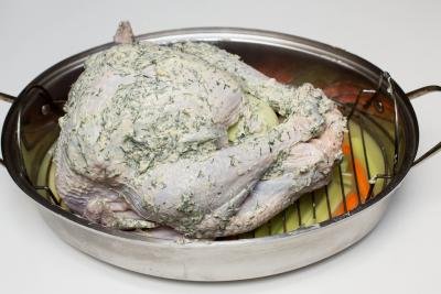 Herbed buttered turkey on a baking pan