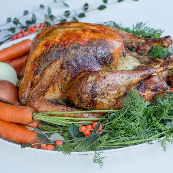 Roast Turkey with garnish all around it